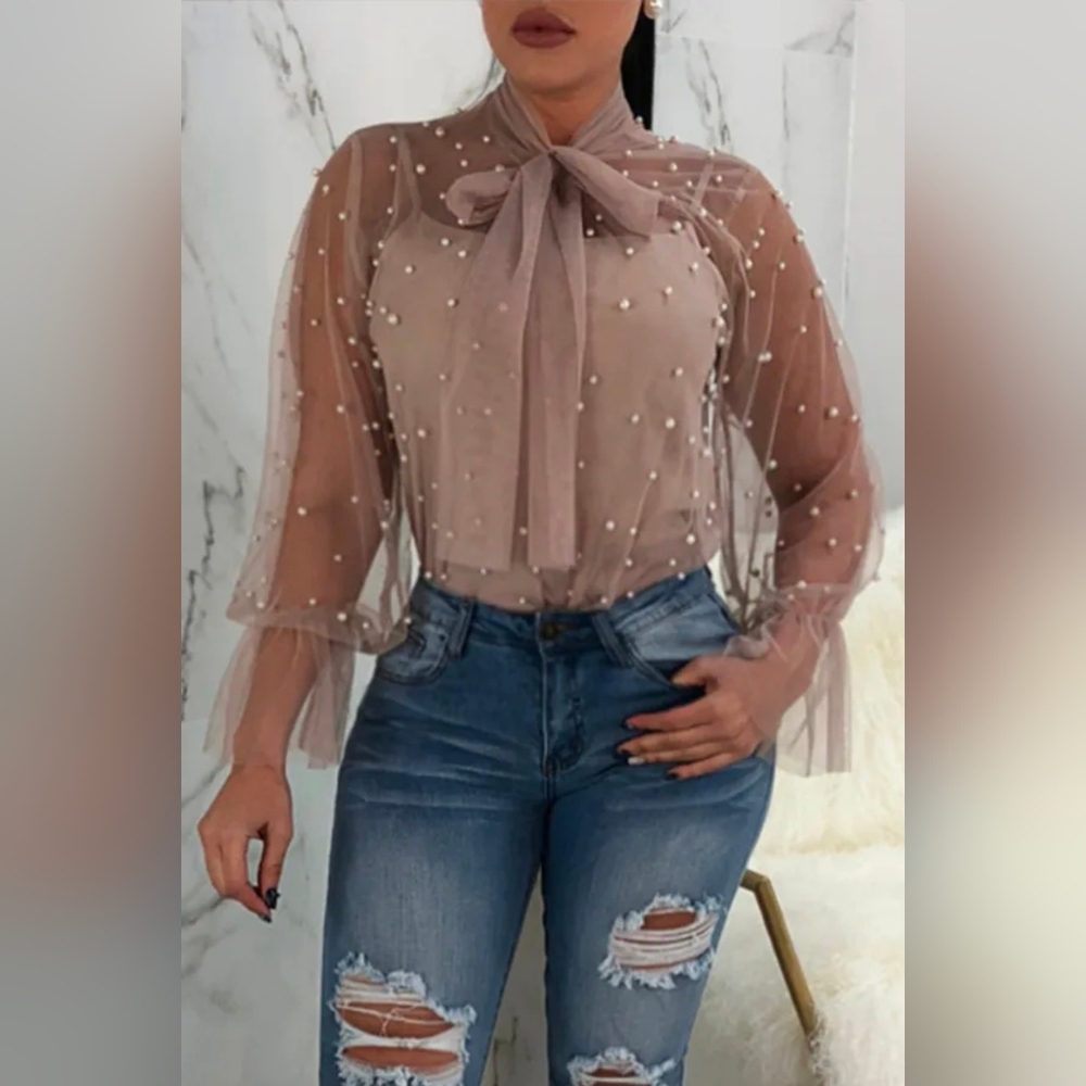 Chic Pearl-Studded Sheer Blouse - Mauve
